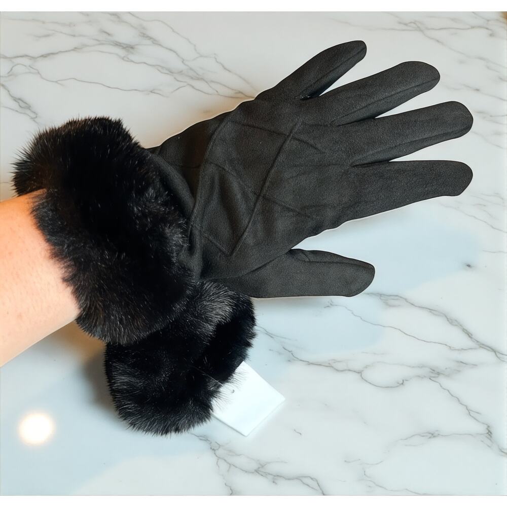 J.Crew Faux Fur Trim Black Winter Gloves Women’s M - Picture 4 of 6